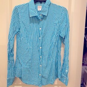 JCrew long sleeve turquoise gingham button down top